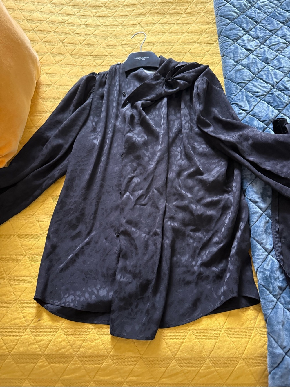 Saint Laurent Black Satin Tie-Neck Blouse